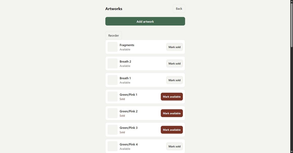 The artworks screen: a list of paintings, each with a Mark sold or Mark available button, above a Reorder control